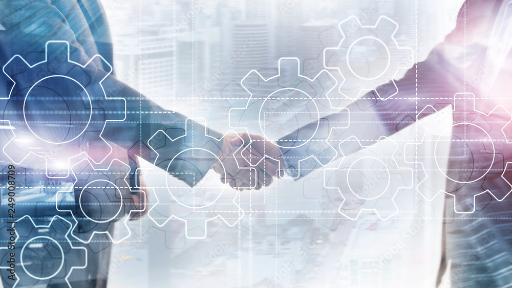 Fototapeta premium Gears mechanism, digital transformation, data integration and digital technology concept