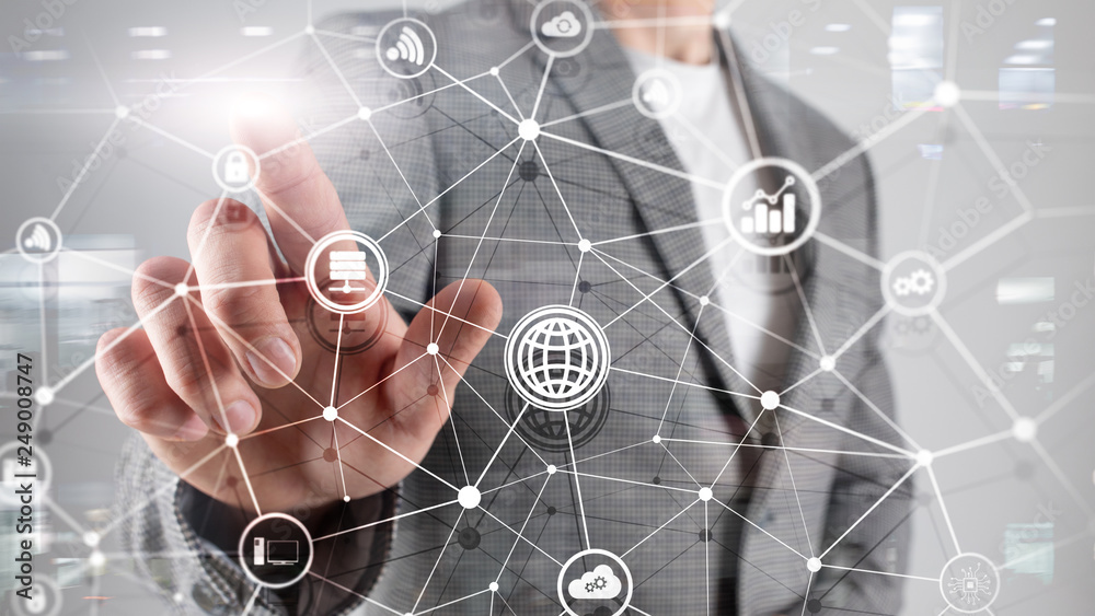 ICT - information and telecommunication technology and IOT - internet of things concepts. Diagrams with icons on server room backgrounds. ICT - information and telecommunication technology and IOT - internet of things concepts. Diagrams with icons on server room backgrounds.