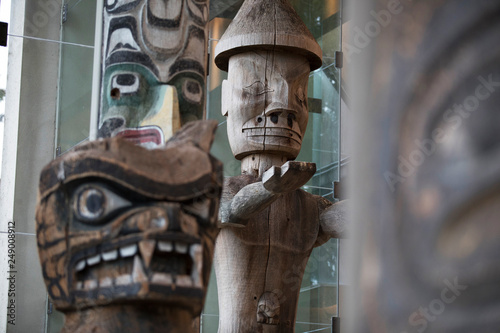 Close up detail of native totem pole artwork