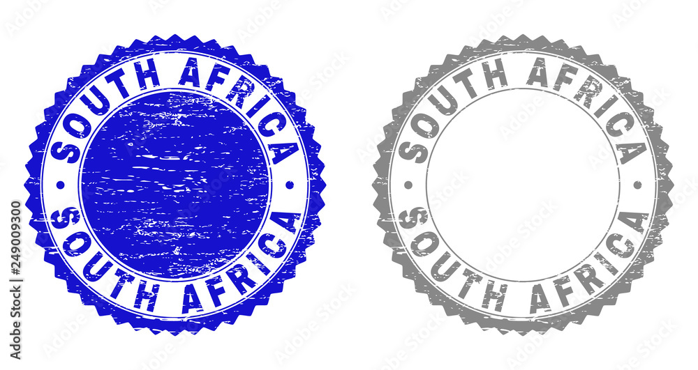 Obraz premium Grunge SOUTH AFRICA stamp seals isolated on a white background. Rosette seals with distress texture in blue and gray colors. Vector rubber stamp imprint of SOUTH AFRICA title inside round rosette.