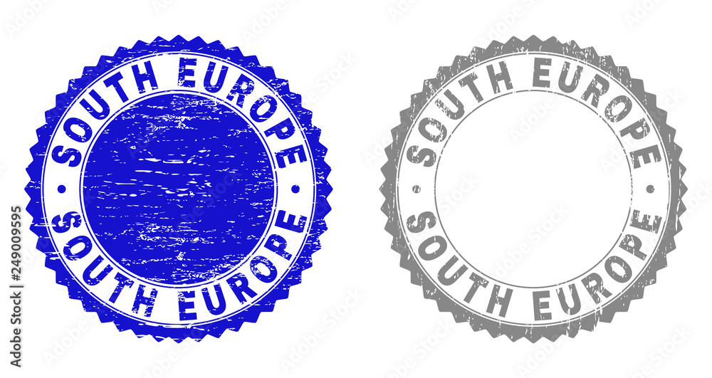 Grunge SOUTH EUROPE stamp seals isolated on a white background. Rosette seals with grunge texture in blue and gray colors. Vector rubber stamp imitation of SOUTH EUROPE label inside round rosette.