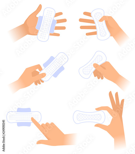 A young woman holds a clean cotton pad. The menstruation, menses and monthlies vector element set isolated on white background. Flat illustration of female hands holding a woman's higienic pads.