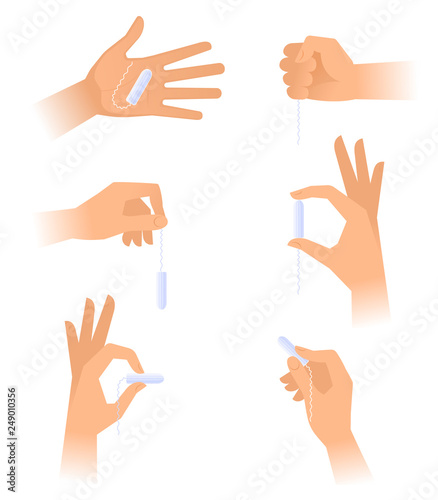 A young woman holds a clean cotton tampon. The menstruation, menses and monthlies vector element set isolated on white background. Flat illustration of female hands holding a woman's higienic tampons.