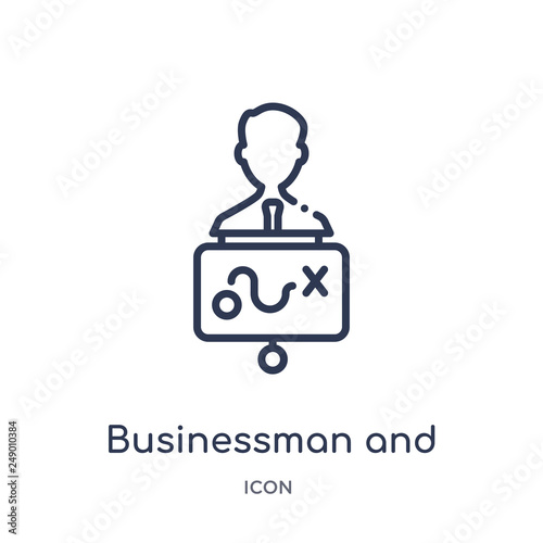 businessman and strategy icon from startup stategy and success outline collection. Thin line businessman and strategy icon isolated on white background.