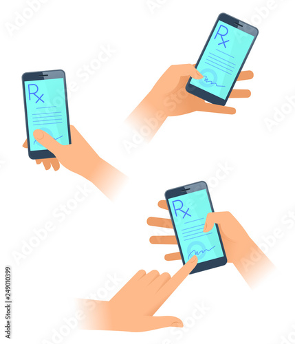 A patient gets a prescription by doctor online on the smartphone. Female and male hands, mobile phones with written Rx recipe on the screens. The telemedicine, mhealth flat vector concept illustration