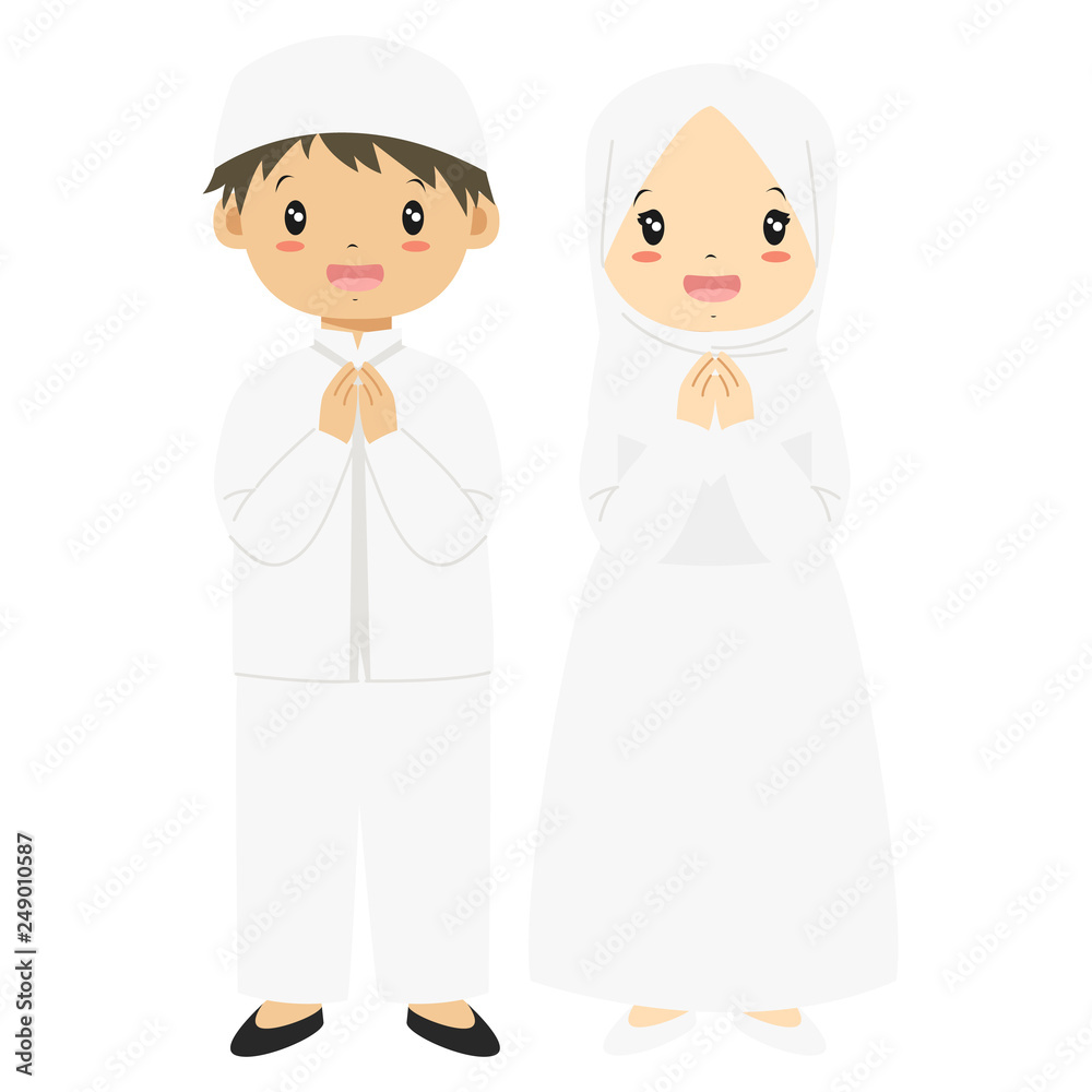 Muslim boy and girl standing and smiling. Muslim kids character vector Muslim boy and girl standing and smiling. Muslim kids character vector