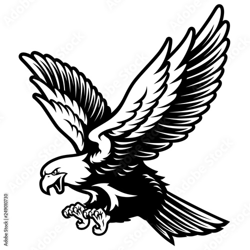 American Bald Eagle with Open Wings and Claws in Black and White