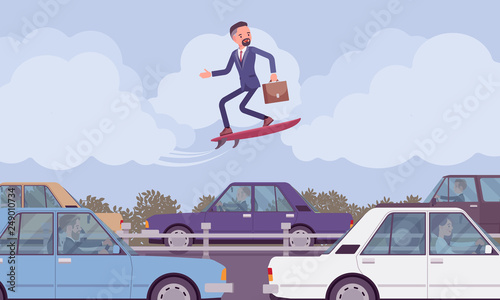 Businessman surfing on modern speed board over traffic jam. Creative adventurous male manager takes risks, entrepreneur tries out new business methods, ideas and gets high above. Vector illustration