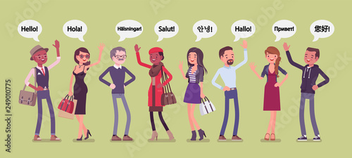 Hello greeting in languages and group of diverse people. Friendly men and women from different countries saying hi  giving a polite word of recognition and hand sign of welcome. Vector illustration