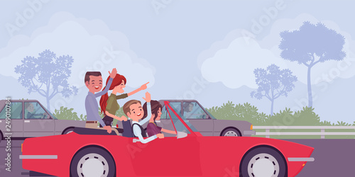 Friendly team going first and fast. Group of young happy people driving speed car, colleagues work well reaching together great business results, teamwork and friendship metaphor. Vector illustration