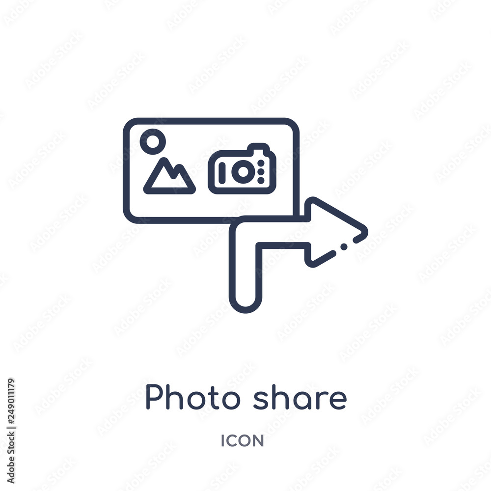 photo share icon from social media marketing outline collection. Thin line photo share icon isolated on white background. photo share icon from social media marketing outline collection. Thin line photo share icon isolated on white background.