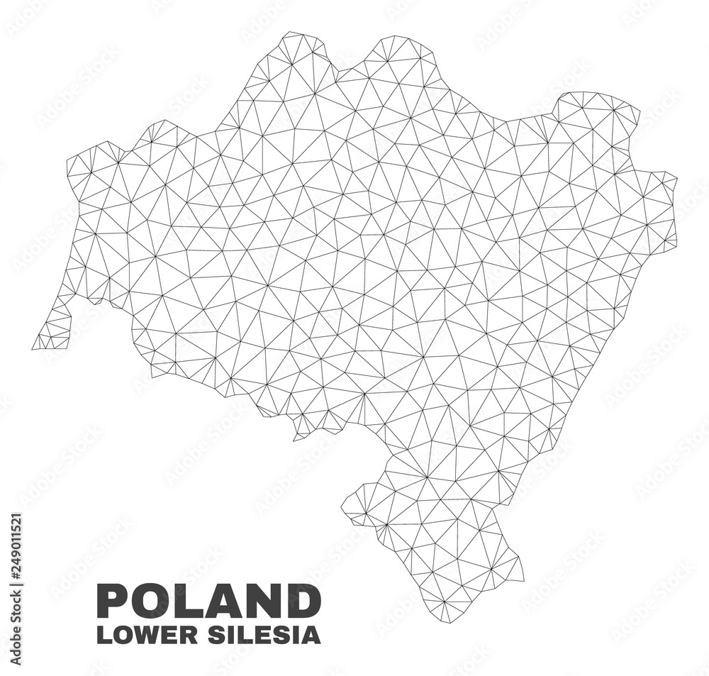 Abstract Lower Silesian Voivodeship map isolated on a white background. Triangular mesh model in black color of Lower Silesian Voivodeship map.