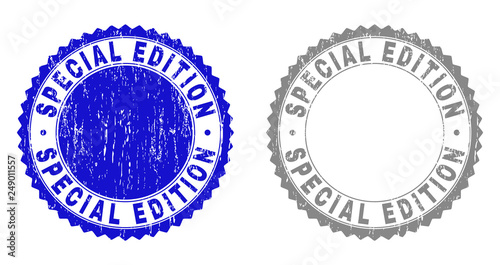 Grunge SPECIAL EDITION stamp seals isolated on a white background. Rosette seals with grunge texture in blue and grey colors. Vector rubber stamp imprint of SPECIAL EDITION title inside round rosette.
