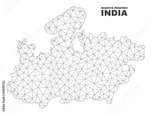 Abstract Madhya Pradesh State map isolated on a white background. Triangular mesh model in black color of Madhya Pradesh State map. Polygonal geographic scheme designed for political illustrations.
