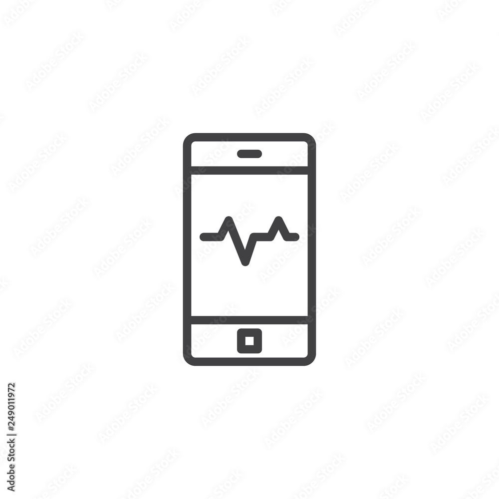 Mobile phone cardiogram app line icon. linear style sign for mobile concept and web design. Heart rate on smartphone screen outline vector icon. Symbol logo illustration. Pixel perfect vector graphics Mobile phone cardiogram app line icon. linear style sign for mobile concept and web design. Heart rate on smartphone screen outline vector icon. Symbol logo illustration. Pixel perfect vector graphics