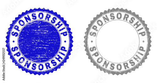 Grunge SPONSORSHIP stamp seals isolated on a white background. Rosette seals with distress texture in blue and gray colors. Vector rubber stamp imprint of SPONSORSHIP caption inside round rosette.