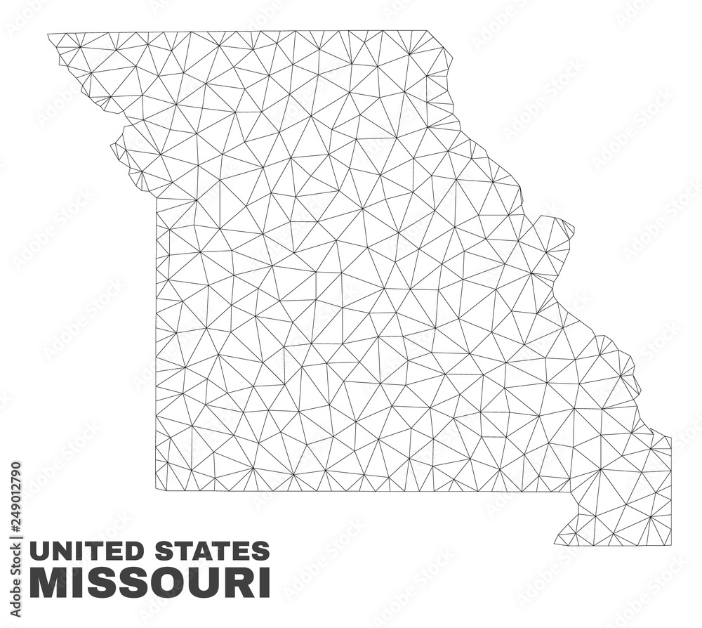 Abstract Missouri State map isolated on a white background. Triangular mesh model in black color of Missouri State map. Polygonal geographic scheme designed for political illustrations. Abstract Missouri State map isolated on a white background. Triangular mesh model in black color of Missouri State map. Polygonal geographic scheme designed for political illustrations.