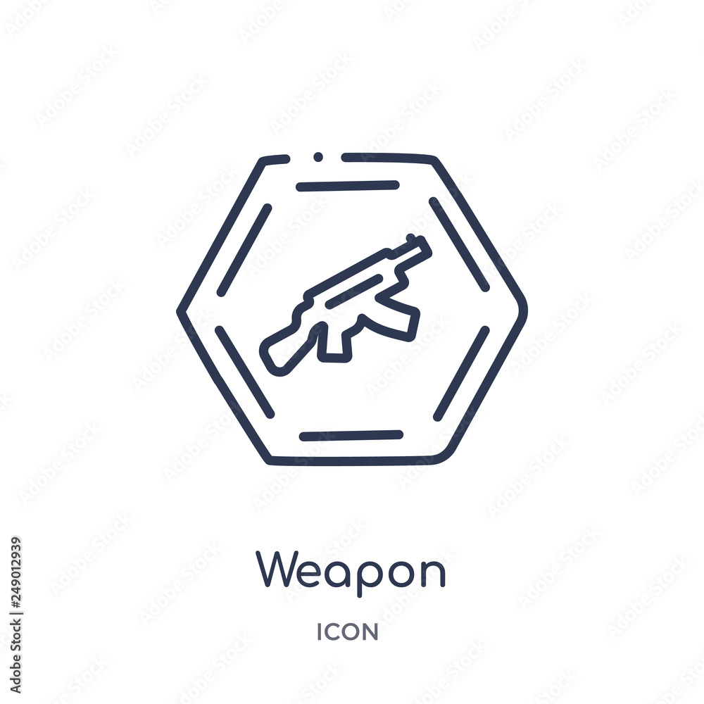 weapon icon from signs outline collection. Thin line weapon icon isolated on white background. weapon icon from signs outline collection. Thin line weapon icon isolated on white background.