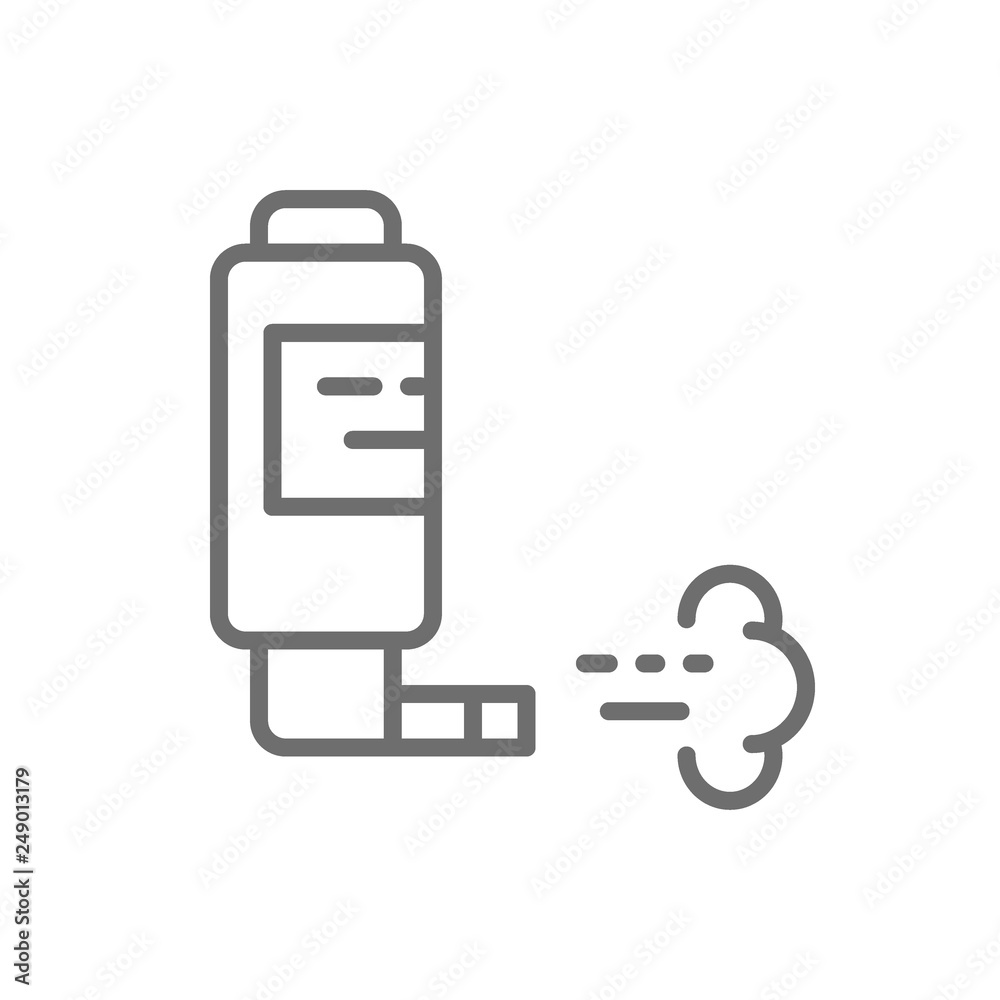 Inhaler for asthma, inhalation spray line icon.