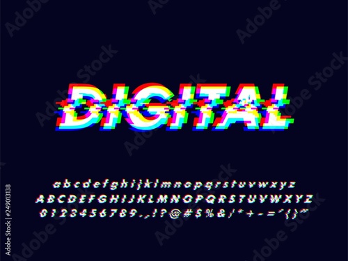 No signal glitches rgb screen alphabet character design with particle led screen error effect, font typeface character alphabet typography type typo compatible with illustrator 10 