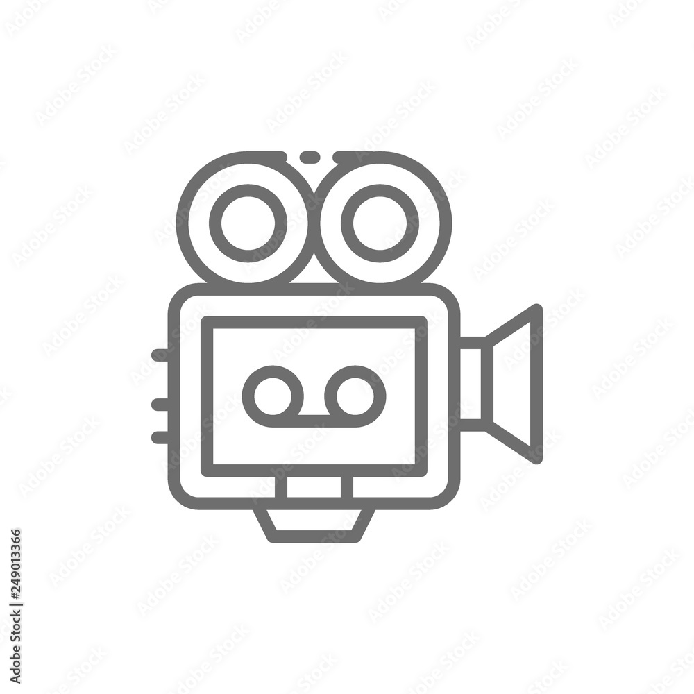 Movie camera with film strip, camcorder, retro cinema projector line icon. Movie camera with film strip, camcorder, retro cinema projector line icon.