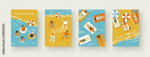 People beach sea volleyball badminton sunbathe vector A4 banners
