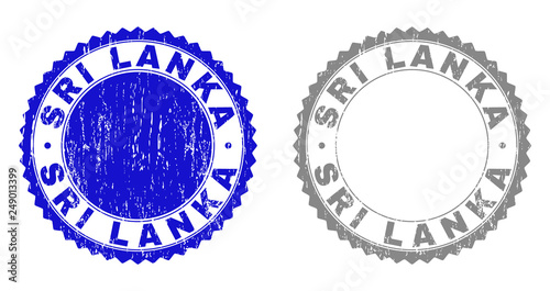 Grunge SRI LANKA stamp seals isolated on a white background. Rosette seals with grunge texture in blue and gray colors. Vector rubber watermark of SRI LANKA text inside round rosette.