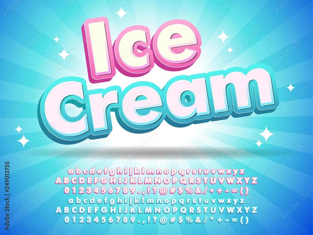 Ice cream font text design, for logo title headline, menu poster banner flyer, clean blue background with little stars compatible with illustrator 10  - obrazy, fototapety, plakaty 