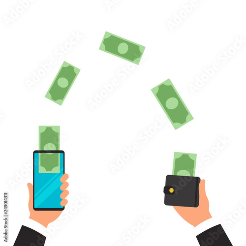 Money transfer from wallet into cellphone in isometric vector design. Digital payment or online cashback service. Mobile banking transaction concept. Withdraw money with smartphone.