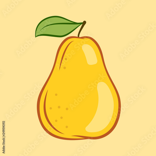 Illustration of Yellow Juicy Stylized Pear with Leaf. Icon for Food Apps and Web