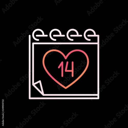 14 February Calendar vector colorful line icon. Valentines Day concept outline symbol or logo element on dark background