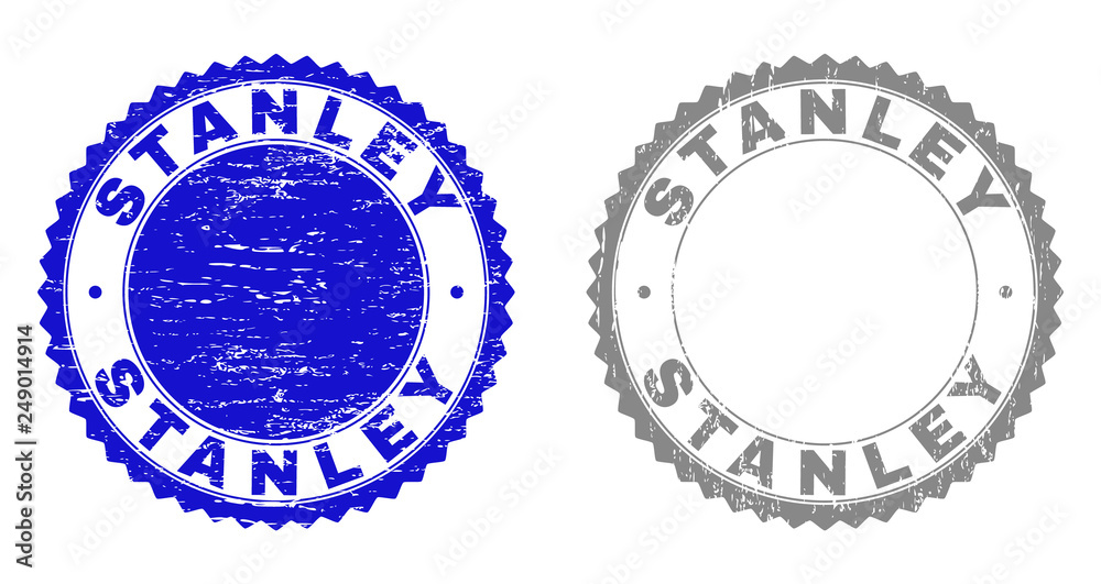 Grunge STANLEY stamp seals isolated on a white background. Rosette seals with grunge texture in blue and grey colors. Vector rubber watermark of STANLEY tag inside round rosette. Grunge STANLEY stamp seals isolated on a white background. Rosette seals with grunge texture in blue and grey colors. Vector rubber watermark of STANLEY tag inside round rosette.