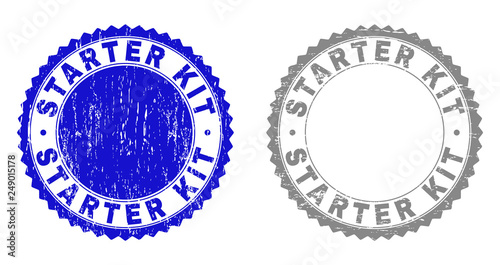 Grunge STARTER KIT stamp seals isolated on a white background. Rosette seals with distress texture in blue and gray colors. Vector rubber overlay of STARTER KIT label inside round rosette.