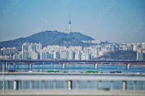 Seoul scenery on the Hangang Bridge in the background of Seoul Tower