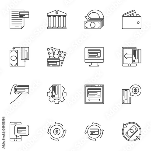 Bank and Money outline concept vector icons set