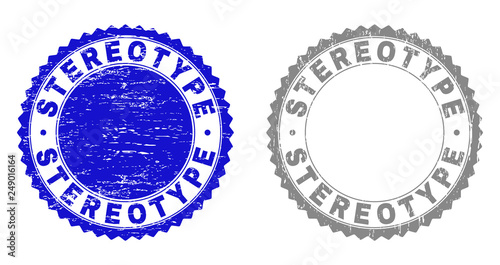 Grunge STEREOTYPE stamp seals isolated on a white background. Rosette seals with grunge texture in blue and gray colors. Vector rubber stamp imprint of STEREOTYPE text inside round rosette.