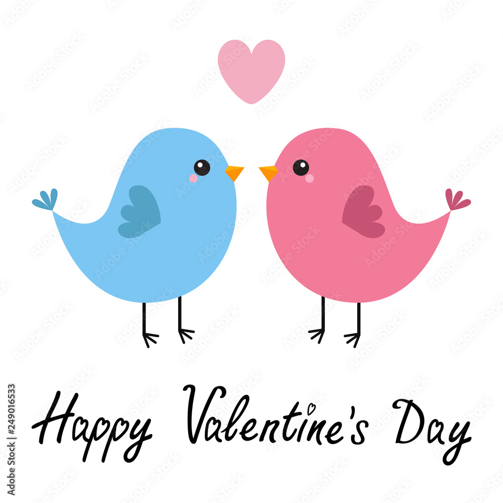 Happy Valentines Day. Two bird couple. Pink heart. Love Greeting card. Cute  cartoon kawaii funny baby character. Flat design. White background.  Isolated. vector de Stock | Adobe Stock