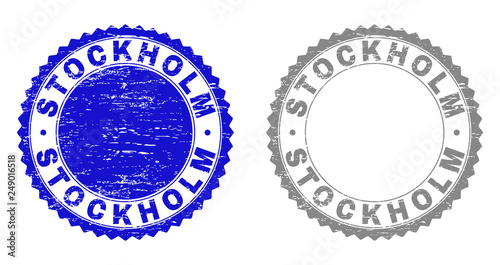Grunge STOCKHOLM stamps isolated on a white background. Rosette seals with grunge texture in blue and gray colors. Vector rubber stamp imitation of STOCKHOLM title inside round rosette.
