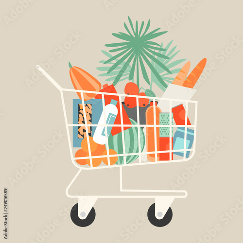 Vector illustration of full shopping trolley cart with grocery products