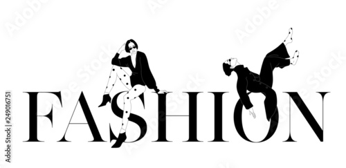 A beautiful girl in trendy clothes is sitting in a stylish inscription. Vector illustration. Clothes and accessories. Print on clothes. Fashion & Style. Fashionable look. Black woman. 