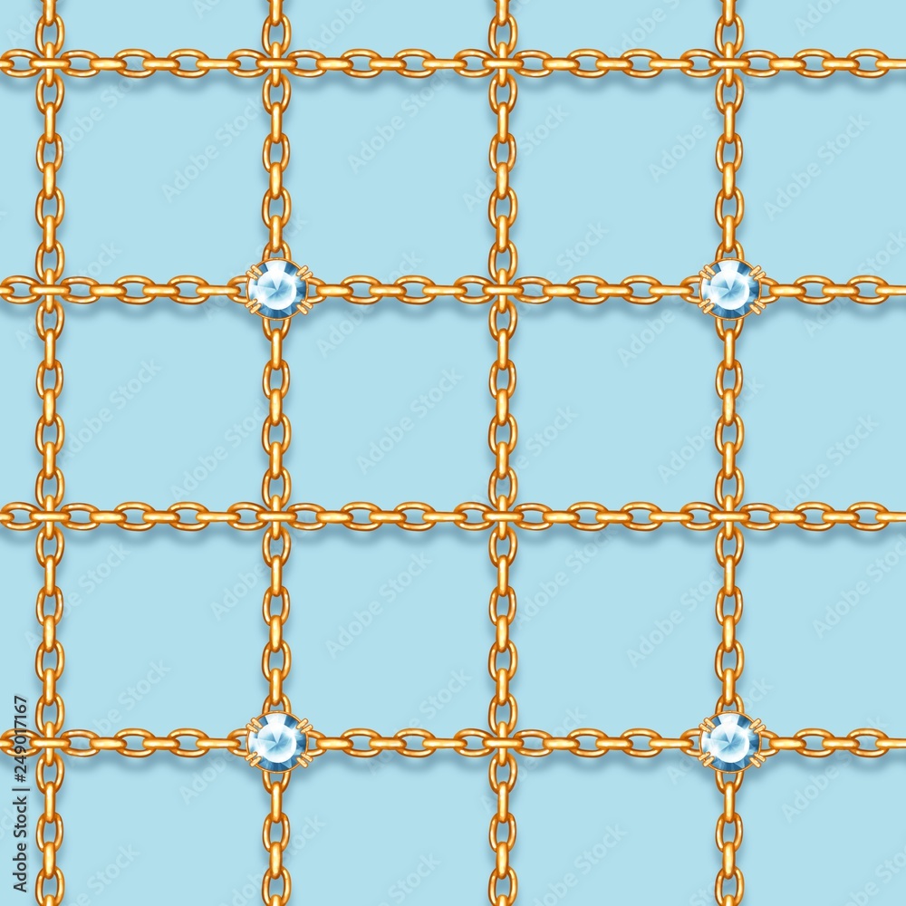 Fototapeta premium Golden chain and blue gems seamless pattern