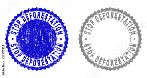 Grunge STOP DEFORESTATION stamp seals isolated on a white background. Rosette seals with grunge texture in blue and gray colors.