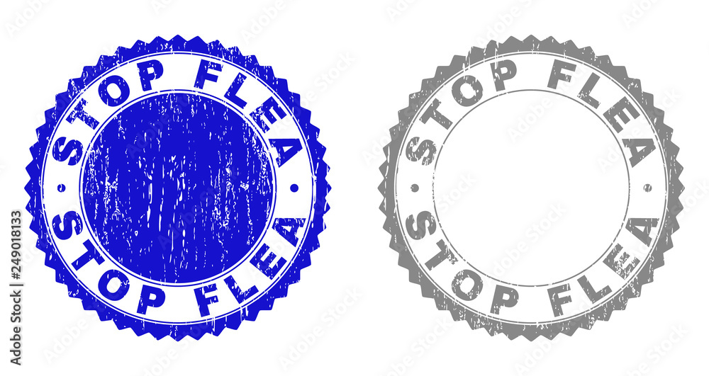 Grunge STOP FLEA stamp seals isolated on a white background. Rosette seals with grunge texture in blue and grey colors. Vector rubber stamp imitation of STOP FLEA title inside round rosette. Grunge STOP FLEA stamp seals isolated on a white background. Rosette seals with grunge texture in blue and grey colors. Vector rubber stamp imitation of STOP FLEA title inside round rosette.