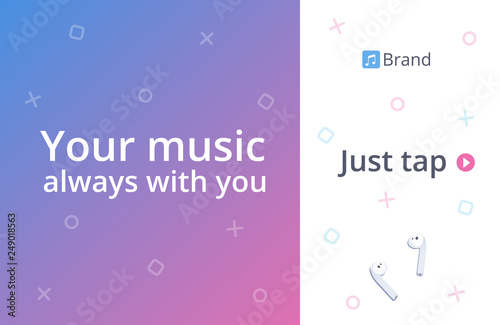 Music or streaming web service concept page template. Landing page with trendy background and earphones.