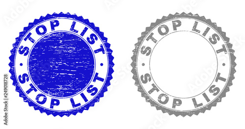 Grunge STOP LIST stamps isolated on a white background. Rosette seals with grunge texture in blue and gray colors. Vector rubber stamp imitation of STOP LIST text inside round rosette.