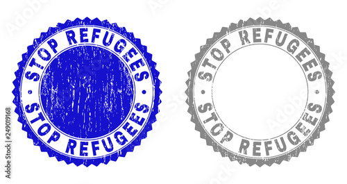 Grunge STOP REFUGEES stamp seals isolated on a white background. Rosette seals with distress texture in blue and gray colors. Vector rubber stamp imprint of STOP REFUGEES title inside round rosette.