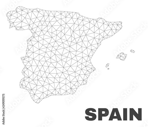 Abstract Spain map isolated on a white background. Triangular mesh model in black color of Spain map. Polygonal geographic scheme designed for political illustrations.
