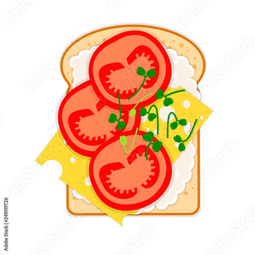 Veggie sandwich - bread  cheese  tomatoes  sauce  microgreens Arugula.