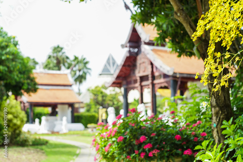 Colorful flowers with soft blurred background Sala Thai  (open pavillion) , Chiangmai , Thailand. © Samruay
