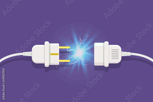 Disconnect Plug with electricity spark. Vector illustration in flat style